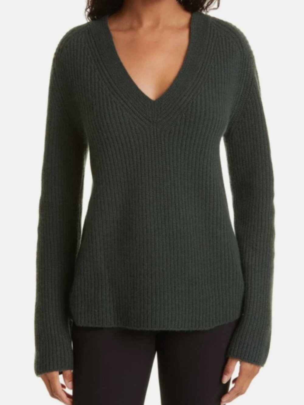 Vince Shaker Rib V-Neck Wool-Cashmere Sweater Green Mineral Stone